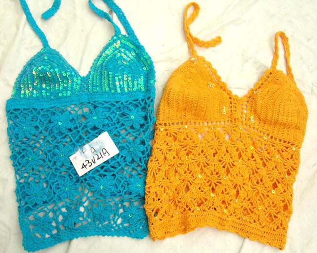 Resort boutique supplier imports crafted, crochet flower motif tankini with sequins and lingerie styled lace up backing online