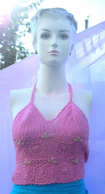 Stylish flower theme seashell beads on sexy crochet halter top  from quality ladies summer fashion wholesale store trader