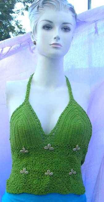 Stylish flower theme seashell beads on sexy crochet halter top  from quality ladies summer fashion wholesale store trader