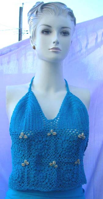 Stylish flower theme seashell beads on sexy crochet halter top  from quality ladies summer fashion wholesale store trader