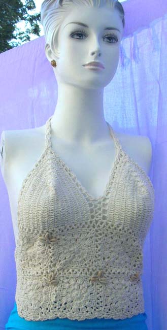 Stylish flower theme seashell beads on sexy crochet halter top  from quality ladies summer fashion wholesale store trader