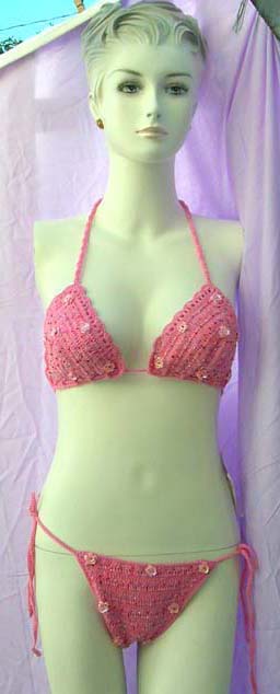 Sexy, pink needle knit art designed string bikini with flower like sequin decorimported by bali bali fashion factory supply company