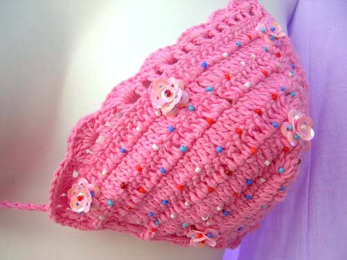 Sexy, pink needle knit art designed string bikini with flower like sequin decorimported by bali bali fashion factory supply company