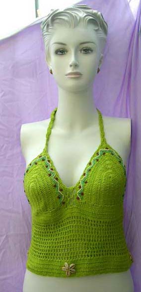 Ladies vacation clothing boutique store imports Sexy beaded knit wear halter top with seashell flower emblem from international b2b trader