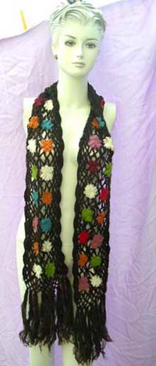 Womens shopping wholesale catalog collection, Bali fashion scarf in fine, black crochet design with colorful floral pattern 