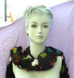 Womens shopping wholesale catalog collection, Bali fashion scarf in fine, black crochet design with colorful floral pattern 