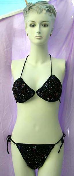 Beach swimwear gallery supplied by online distribution company, Black tight knit fashion bikini with beaded design and clear sequin decor