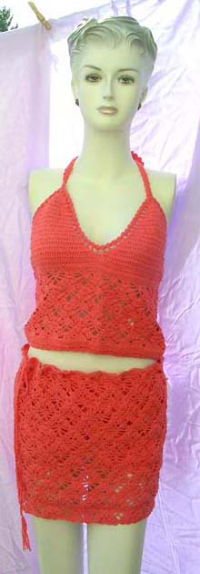 Indonesian wear wholesale distributor supplies  Womens batik fashion set with red crochet halter top and  knit mini skirt