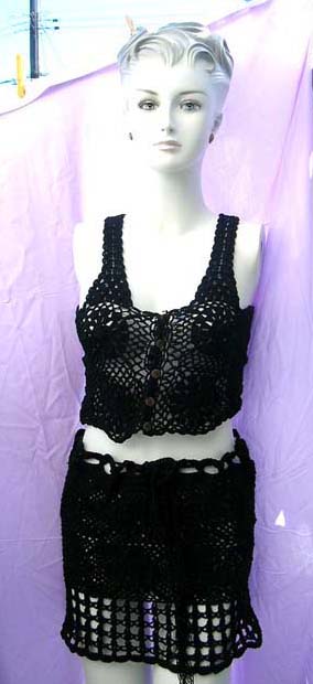 Handcrafted fashon clothing distributor exports collection, Fishnet styled crochet tank top with drawstring, black knitted skirt