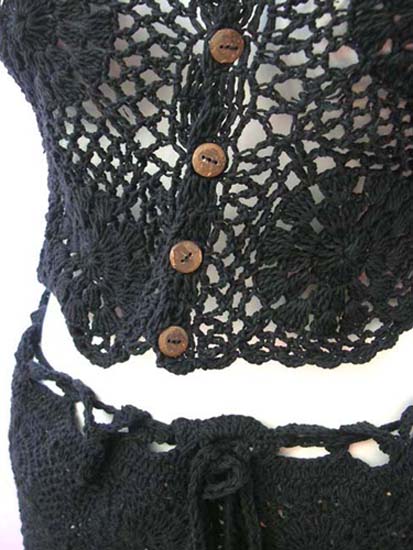 Handcrafted fashon clothing distributor exports collection, Fishnet styled crochet tank top with drawstring, black knitted skirt