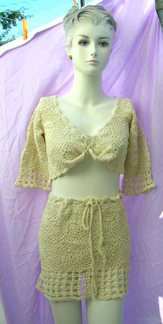 High style thread art fashion crochet shirt and matching filigree flower designed, drawstring skirt from balinese import outlet factory supplier