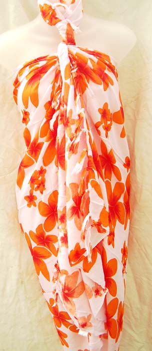 Orange flower print design on handcrafted batik summer shawl from import wholesale shopping boutique