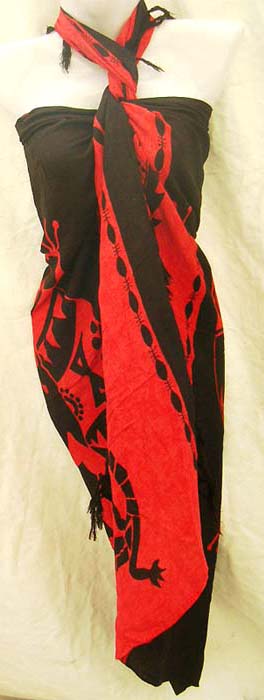 Red and black balinese beach wrap around with gecko print from indonesia import supply b2b trade company
