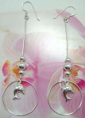 Enamel 925. sterling silver beaded French fish hook earwires  earring with circle holding a dolphin                     
