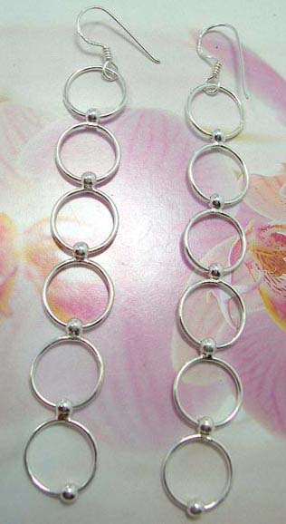 Fish hook sterling silver beaded earring with silver bead and double circle design