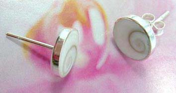 Circular sterling silver stud earring with Shiva's eye seashell stone inlaid