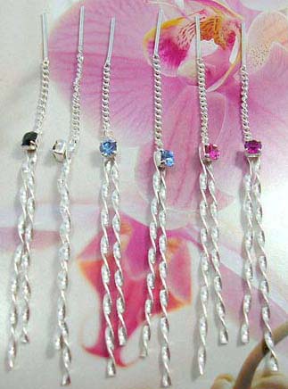 Solid 925. sterling silver ear string with mini connected rounded cz stone holding double twisted strip on bottom