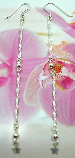 Sterling silver French fish hook earwires earring with chain-in double twisted strip pattern holding a mini star on bottom