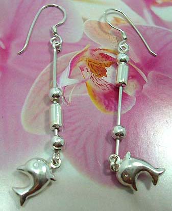 Jewelry for sea life lover wholesale sterling silver French fish hook earwires  earring with beaded strip holding a dolphin pattern on bottom                      
