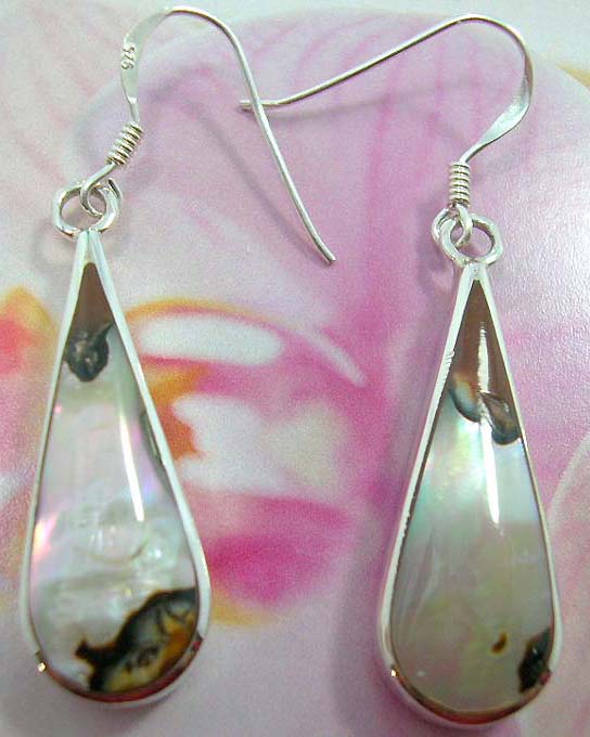 Spring water-drop abalone seashell French fish hook earwires earring with sterling silver inlaid