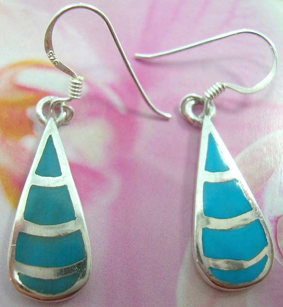 Genius sterling silver French fish hook earwires earring blue turquoise stone inlaid design in water-drop shape