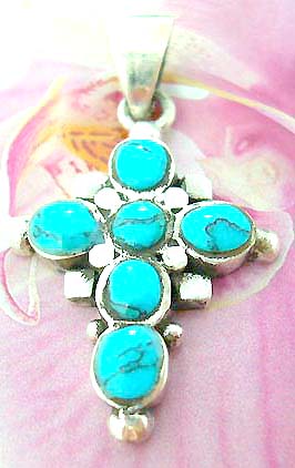 Multi mini rounded turquoise stone forming central square design cross pattern Thailand made solid sterling silver charm pendant