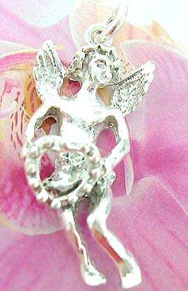 Carved-out love angel holding a heart ring design 925. Thailand made solid sterling silver charm pendant