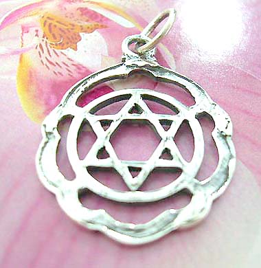 Thailand made solid sterling silver charm pendant in carved-out mystic double triangle in circle with wavy edge design