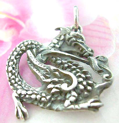 Oriental power carved-out majestic dragon  Thailand made solid sterling silver charm pendant
                       