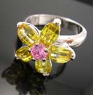 Teen's fashion cubic zirconia friendship ring jewelry in rhodium plated with yellow and pink cz embedded flower shape design