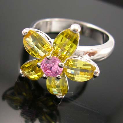 Teen's fashion cubic zirconia friendship ring jewelry in rhodium plated with yellow and pink cz embedded flower shape design