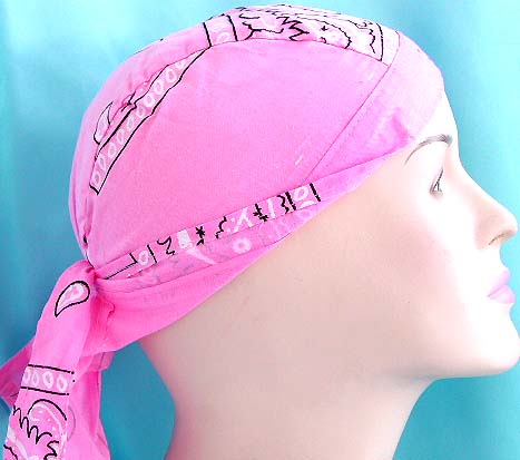 Pink lover head bandana scarves shop store wholesale - light pink with black pattern design cotton skullcap with tie