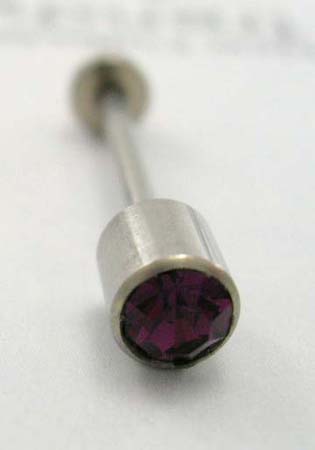 Straight barbell with one-side Cz stone - surgical steel tonjue barbell with purple Cz     