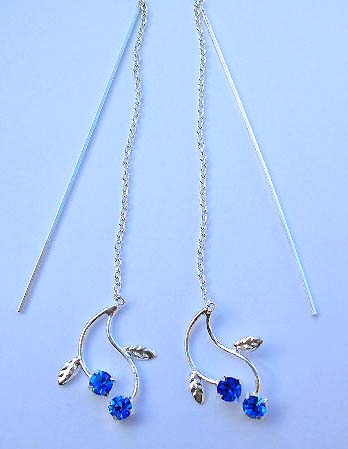 Nature designer threader jewelry wholesale supplier sterling silver threader earrings with blue Cz in leaf design        