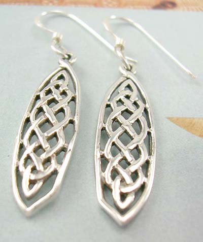 Celtic design jewelry distinctive wholesale supply long olive sterling silver earring with Celtic knot work decor  