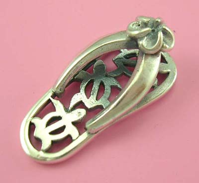 Combination sandal and turtle design pendant jewelry for teens in sterling silver pendant in sandal design with cut-out turtle pattern    