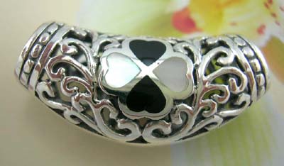 Qualtiy mother-of-pearl jewelry pendant slide gift set, sterling silver filigree pendant with black and white mother of pearl in flower design   