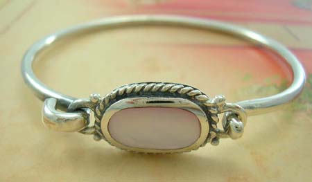 Delicate Pearl  jewelry fashion holiday shopping online - 925 sterling silver bangle with oval pink mother of pearl in middle     