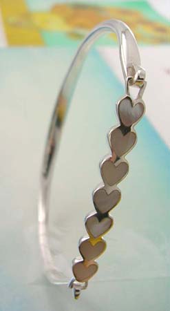 Shop for love pearl gift jewelry online wholesale supply sterling silver bangle with multi white mother of pearl embedded heart shape                          