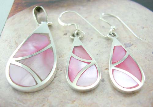 Wholesale set of mother pearl jewelry supplier sterling silver water-drop earrings and pendant with pink mother of pearl   
