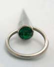 Fine straight body barbell jewelry in surgical steel for belly button with green Cz and circular loop 